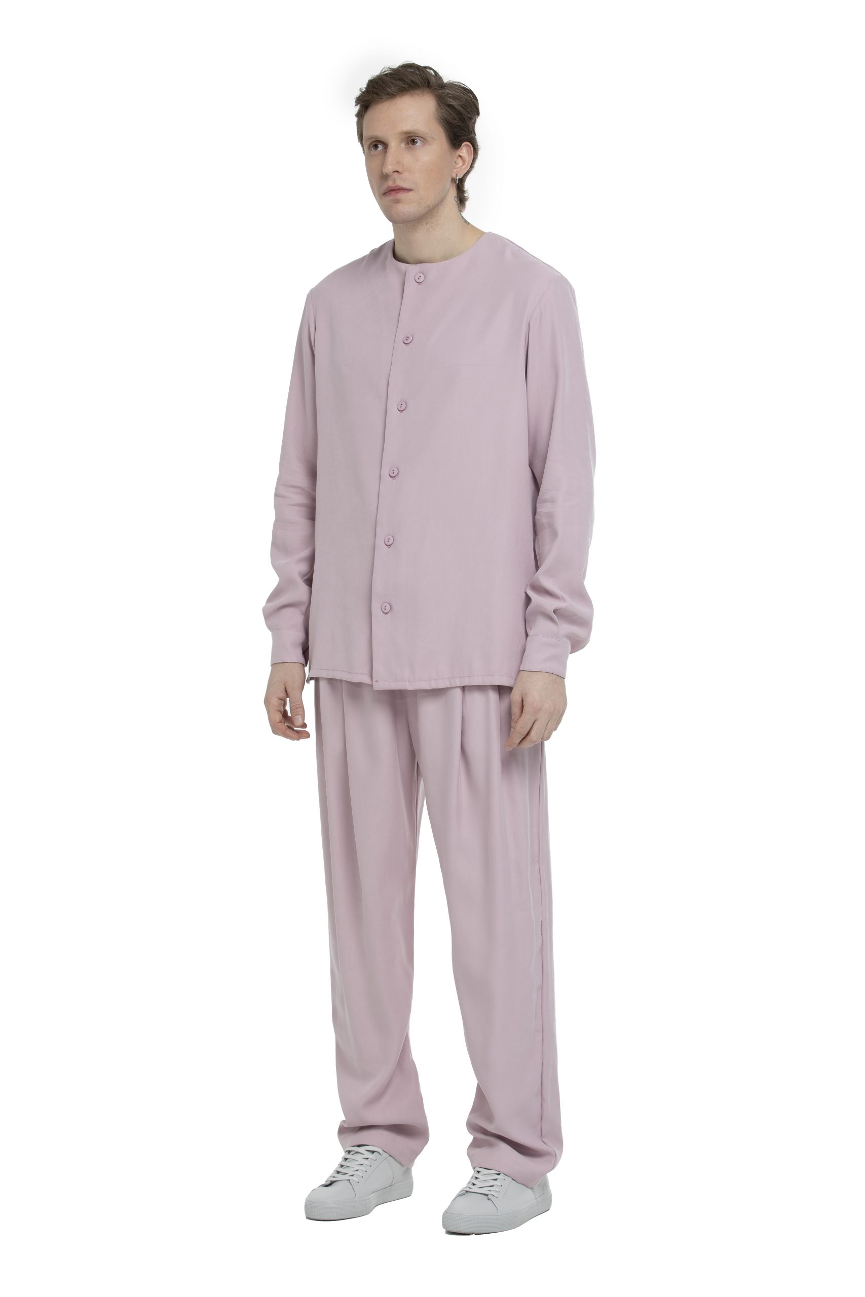 Viscose fabric shirt with no collar and back pleats , in light pink